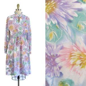 Vtg 80s Vibrant Pastel Floral Dress with Tie Belt